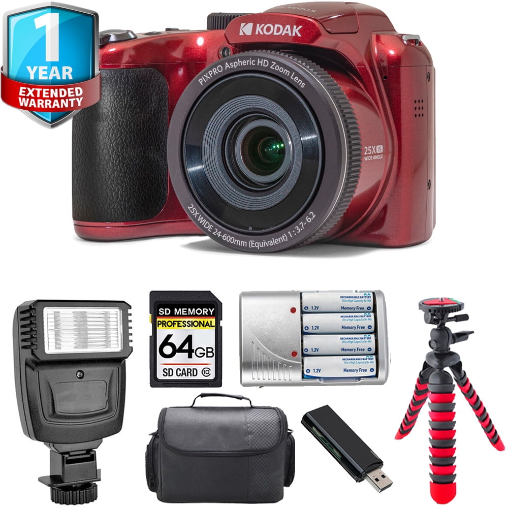 Kodak PIXPRO AZ255 Digital Camera (Red) + 1 Yr Warranty + Flash - 64GB Kit