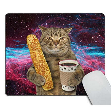 Smooffly Funny cat Mousepad The Cat is Holding a Cup of Black Coffee and a Baguette with Galaxy Design Customized Rectangle Non-Slip Rubber Mousepad Gaming Mouse Pad