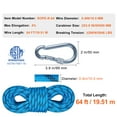 thumbnail image 2 of KFFKFF 10.5 mm Stationary Ascend Rope, 19.5M(64ft) Exterior Boulder Ascend Cord 25KN Tension Limit, Synthetic Cordage with Metallic Clasp for Evacuation, Descending, Fire Assistance, Azure, 2 of 9