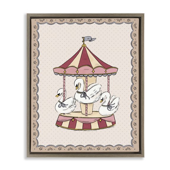 Stupell Industries Vintage Swan Carousel Animals Painting Brown Floater Framed Canvas Art Print Wall Art, 25 x 31