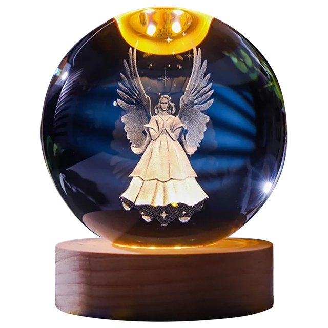 Pequeña bola de cristal 3D decorativa con Base de madera carga USB bola de cristal LED luz nocturna bola de cristal iluminada para decoración de dormitorio