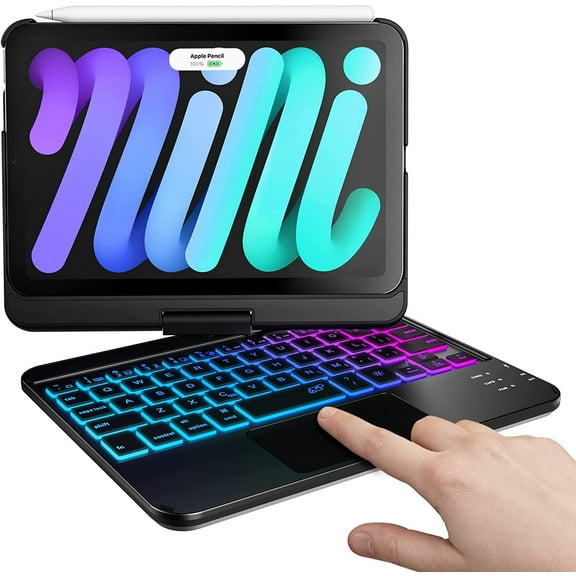 typecase Touch Keyboard Case for iPad Mini 8.3-inch 7th Gen(A17 Pro, 2024) & iPad Mini 6th Gen 2021, 11 Colors Backlit, 360 Rotating Protective Cover, Slim Wireless with Pencil Holder (Black)