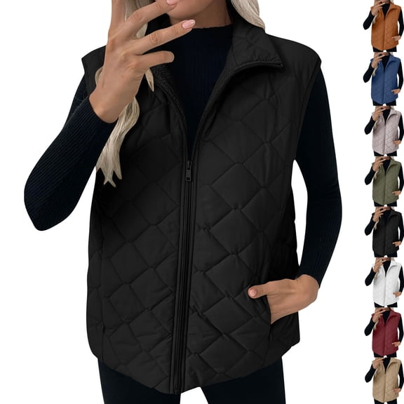Puffer Vest Women Lightweight Sleeveless Quilted Jackets Zip Up Stand Collar Fall Winter Coat With Pockets Solid Color Women's Quilted Vest Padded Gilet Oversized Thermal Vests for Women