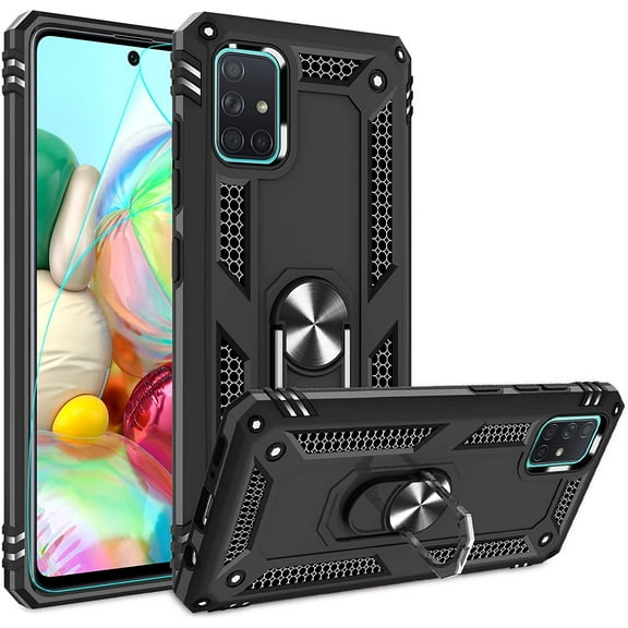 Compatible for Samsung Galaxy A71 4G Case (Not Fit A71 5G) with HD Screen Protector, Military-Grade Shockproof Protective Phone Case with Magnetic Kickstand Ring for Samsung A71 4G Black
