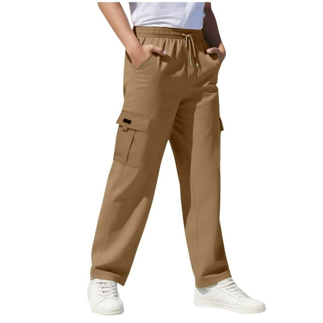 Children's Solid Color Stretch-Belt Work Pants with Pockets, Medium Size Casual Baggy Pants, Adult Version
