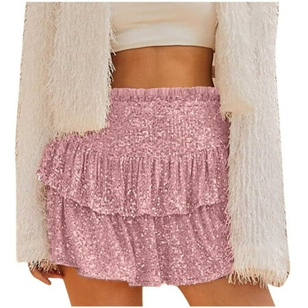 SMihono Deals Women s Mini Skirts with Shorts Cute High Waist Sequin Ruffle Flowy Glitter Short Skirts Night Out Club Party Pink 2