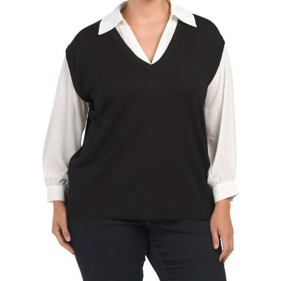 Adrianna Papell BLACK/IVORY Women's Plus Size Twofer Sweater Vest, 2X