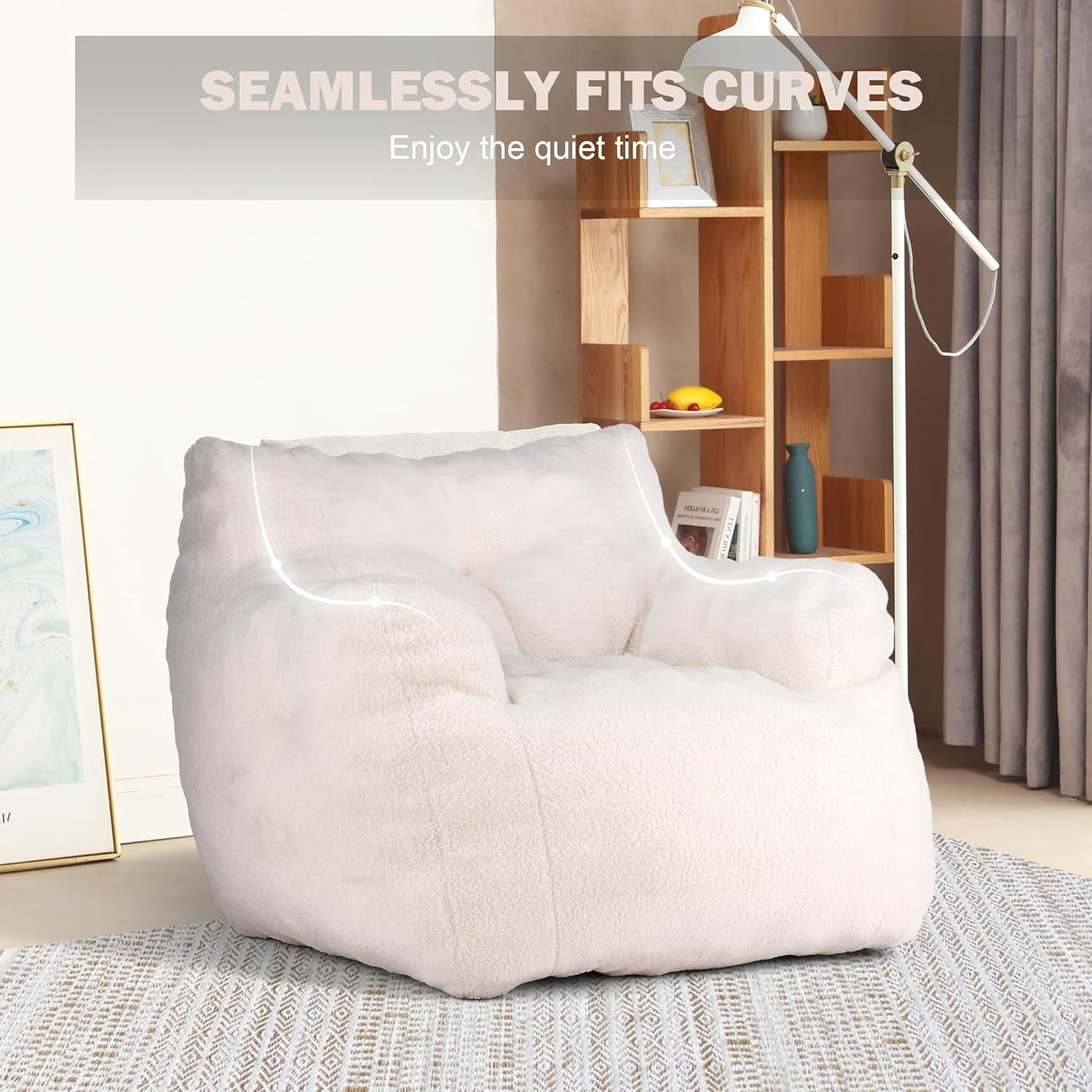 3FT Bean Bag Chair for Adult Teens Kids(with Filler) Furniture - Soft Teddy Fabric Lazy Sofa Chair - Bean Bag Lounger  Chairs for Living Room Bedroom Dorm Room (Ivory)