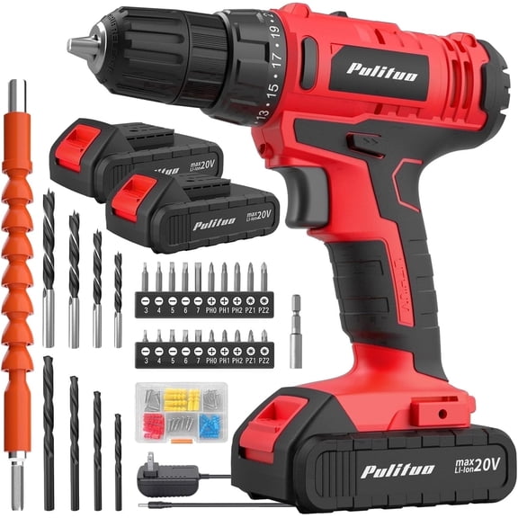 Pulituo 20V Cordless Drill Driver Kit, Home Tool Set with 20V Lithium-Ion Drill, 119PCS All-Purpose Kit, 21 1 Torque, 2-Speed, DIY & Home Repairs