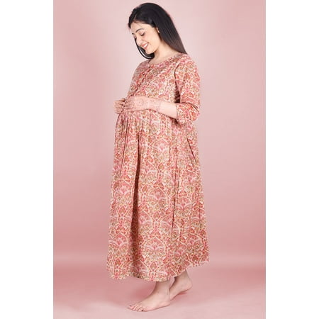 

Peach Block Printed Maternity Cotton Dress