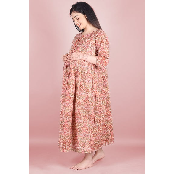 Peach Block Printed Maternity Cotton Dress
