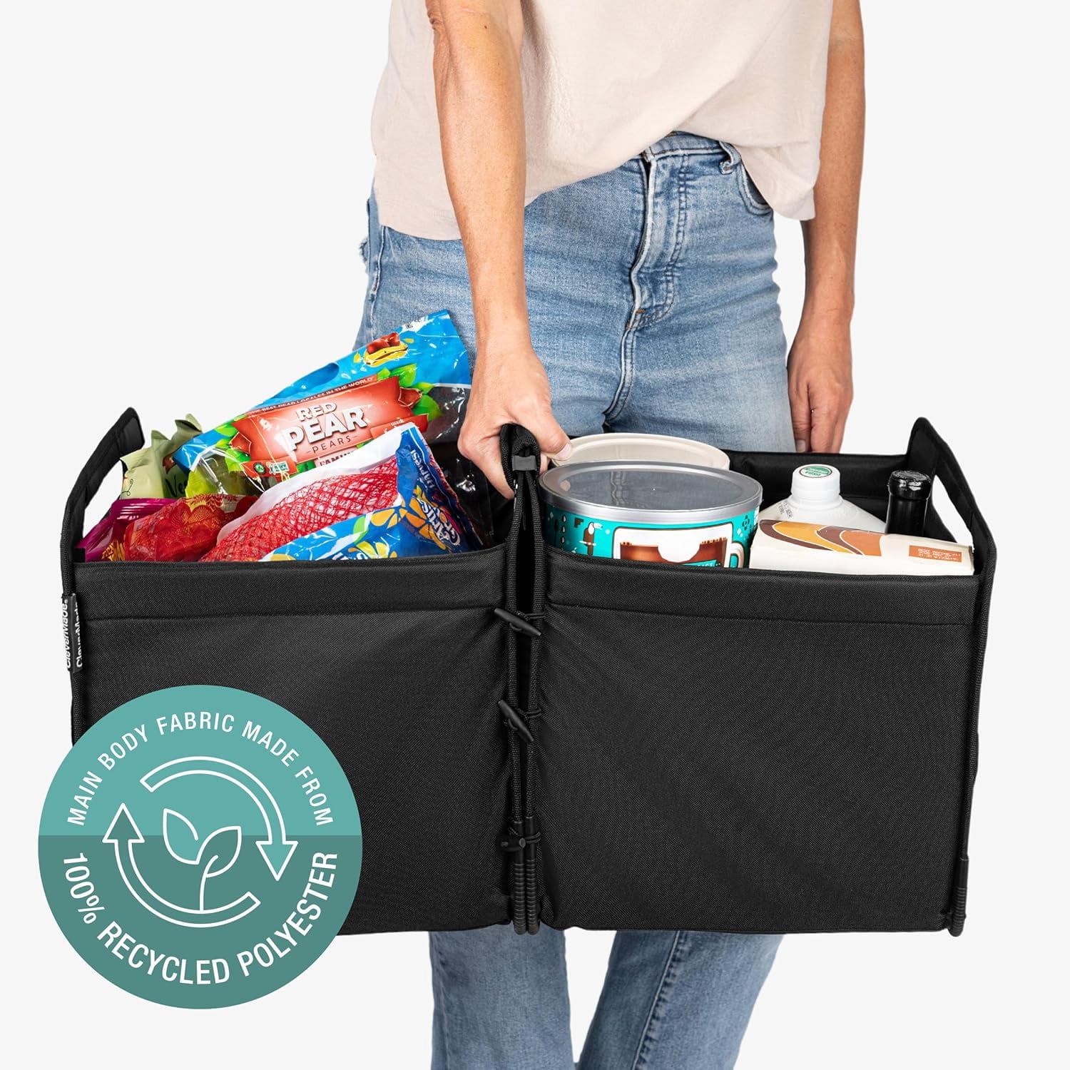 CleverMade Double Trunk Caddy 46L Collapsible Car Organizer for SUV, Foldable Cargo Storage Basket with Removable Compartments, Connectable Design, Reinforced Frame, Midnight Black