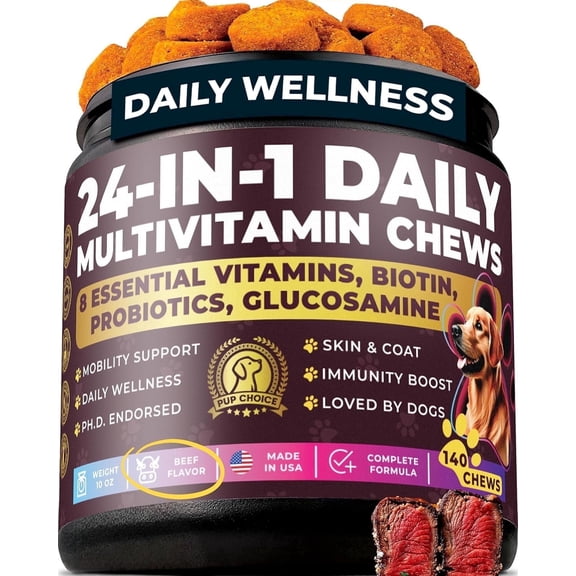 Pup Choice 24-in-1 Multivitamin Chews for Dogs with Glucosamine, Omega-3 & Probiotics – Joint, Skin, Coat & Immune Support, Beef Flavor, 140 Count