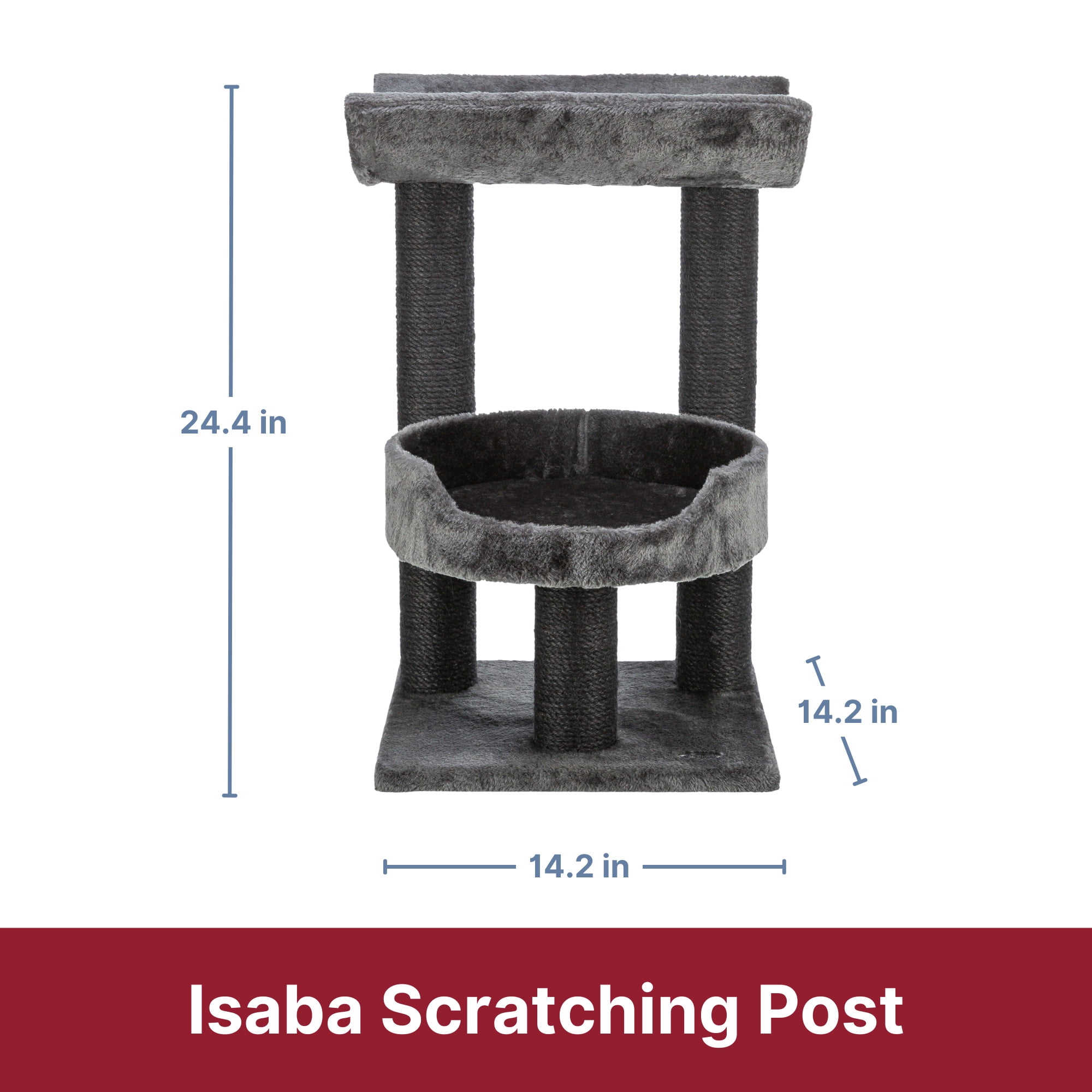 TRIXIE Isaba Plush 2-Level 24.4" Cat Tree with Sisal Scratching Posts, 2 Perch, Black/Gray