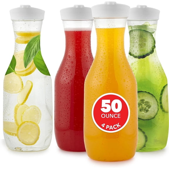Plastic Juice Carafe with Lids (Set of 4) 50 oz Carafes for Mimosa Bar, Drink Pitcher with Lid, Water Bottle, Milk Container, Clear Beverage Containers for Fridge, Pantry Storage, Round Pitchers