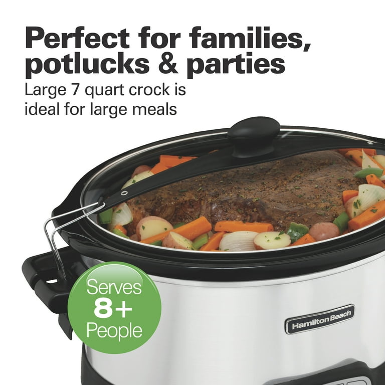 Hamilton Beach Programmable Stay or Go Slow Cooker, 7 Quart Capacity, Lid  Lock for portability, Dishwasher Safe Removable Crock, Silver 33576 