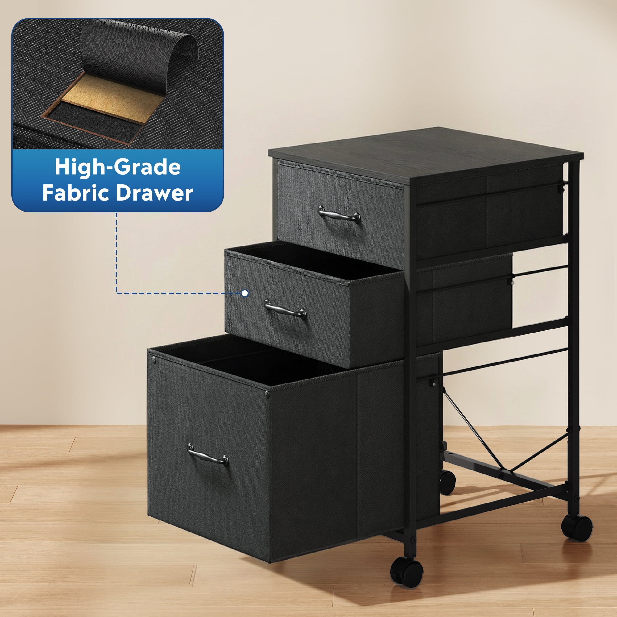 GALAXHERO File Cabinet with 3 Drawer, Rolling Filing Cabinets for Home Office, Fabric Vertical Printer Stand, Fits A4 or Letter Size, Black