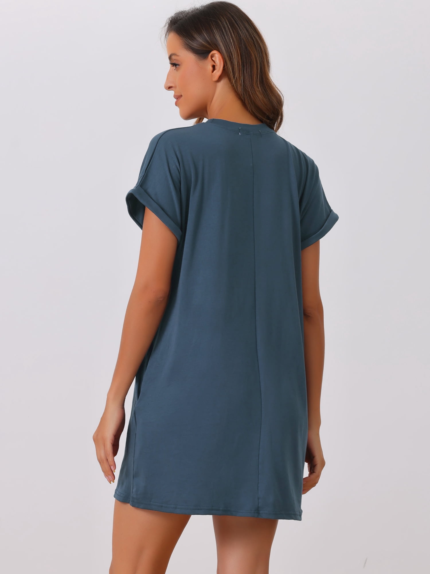 DARING DIVA Women's Short Sleeve Crew Neck Soft Night Dress with Pockets M Blue