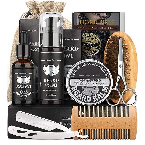 Kit de cuidado de barba, champú, cepillo para barba, peine para barba, bálsamo para barba, aceite para barba, tijeras