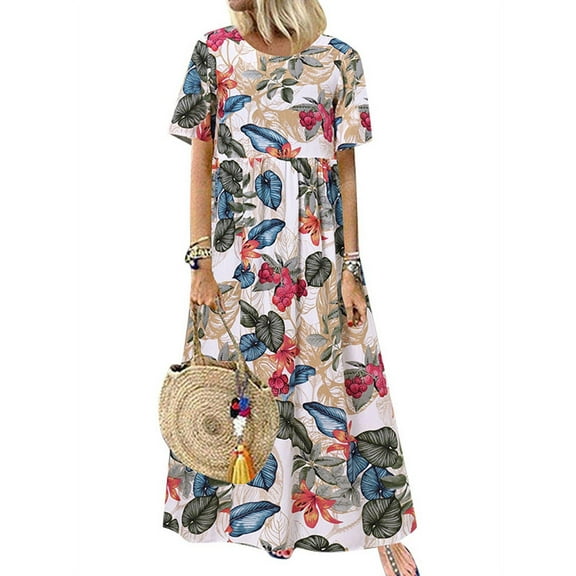 ZANZEA Womens Summer Short Sleeve Floral Print Loose Swing Long Dress Kaftan Holiday Sundress