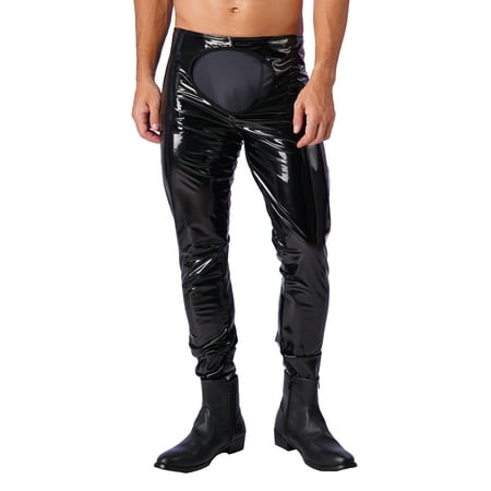 iEFiEL Mens Lingerie Shiny Patent Leather Skinny Pants Open Back Tights Leggings Black M