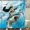 thumbnail image 3 of 4PCS Funny Cat Shower Curtain Set, Waterproof Fabric Shower Curtain, Non-Slip Bath Mat Toilet Rug, Kitty Kitten Riding Shark Blue Ocean Sea Wave Seagull Nautical Hilarious Kids Bathroom Decor, 3 of 7