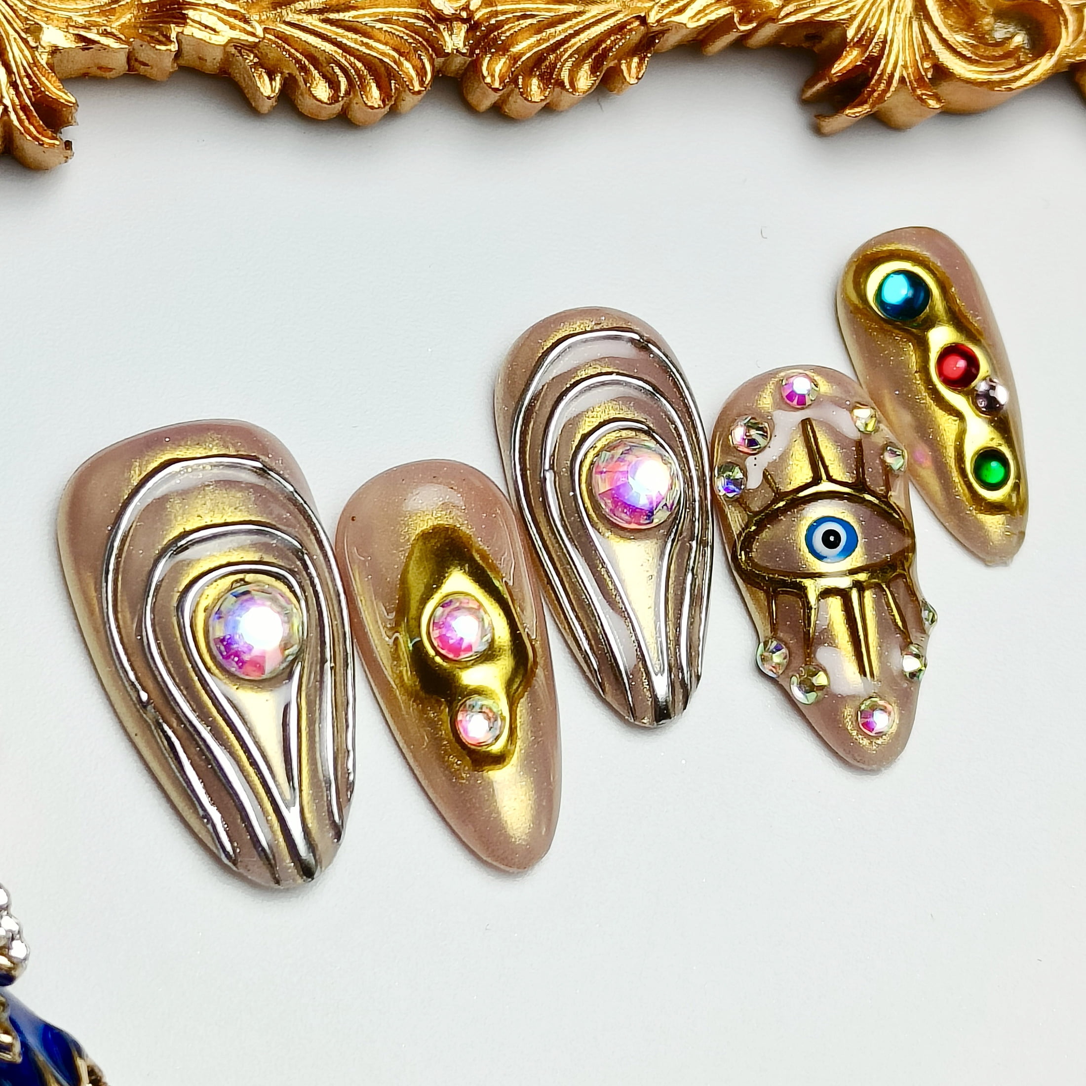 10pcs Almond Medium Handmade Y2K Baroque Press On Nails - Nude Designs, 3D Rhinestones & Gold Accents, Luxury Summer & Independence Day, Goth