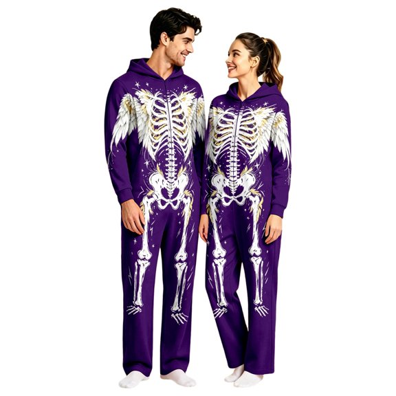 Halloween Couple Matching One‑Piece Jumpsuit, Adult Hooded Long‑Sleeve Full Skeleton Printed Loungewear Onesie