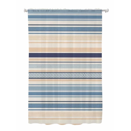 Sheer Curtains 63 Inch Length Blue Beige Striped Semi Sheer Curtains Light Filtering Window Treatment Boho Colorful Rainbow Abstract Stripes Privacy Voile Drapes for Living Room Bedroom 52x63 Inch