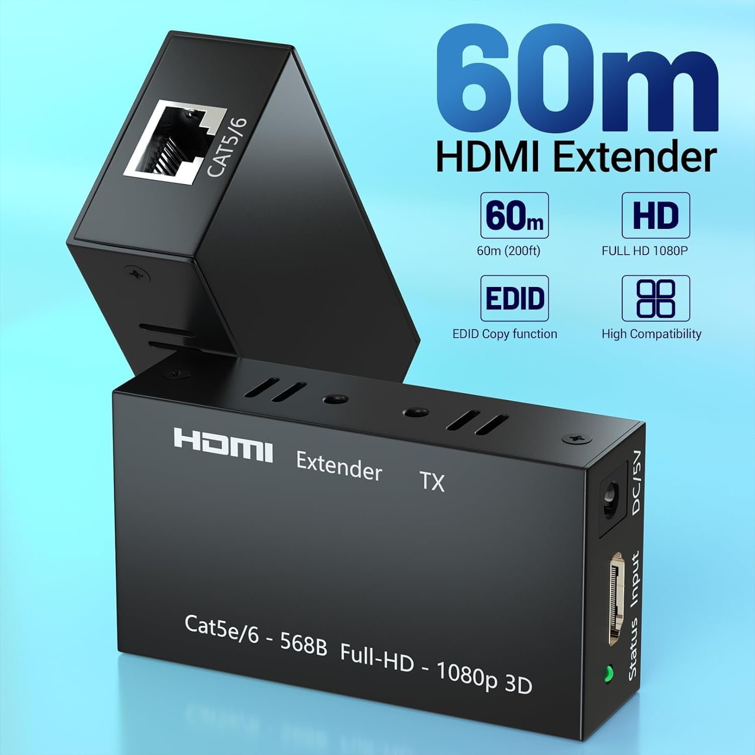 HDMI Extender, 1080P HDMI Transmitter and Receiver Up to 60M(196ft), HDMI Ethernet Sender Repeater Over Singal RJ45 Cat5e/Cat6/Cat7 Ethernet LAN Cable, HDMI to RJ45 and RJ45 to HDMI Transmitter