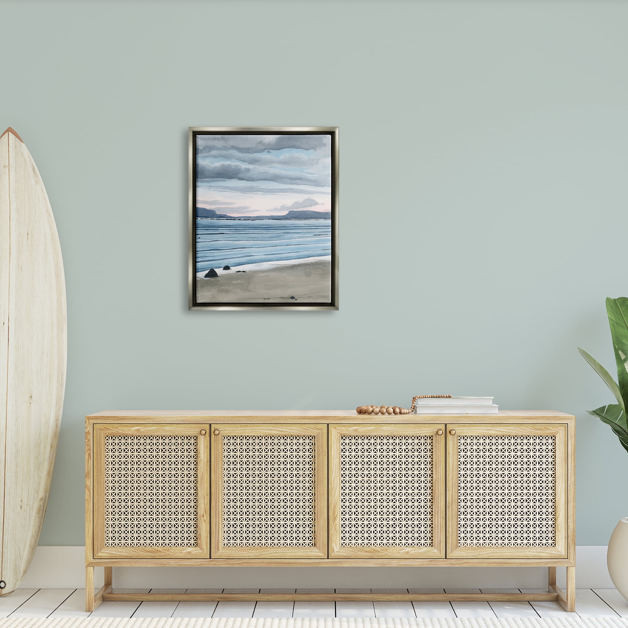 Stupell Calming Coastal Shore Ripples Landscape Painting Gray Floater Framed Art Print Wall Art