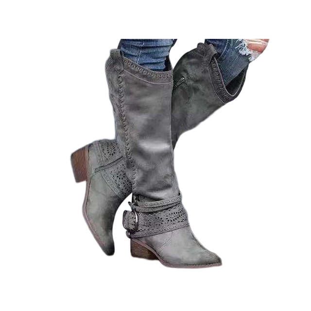 Woobling Ladies Comfort Pull On Shoe Walking Retro Western Cowgirl Non Slip Riding Boots Gray 4