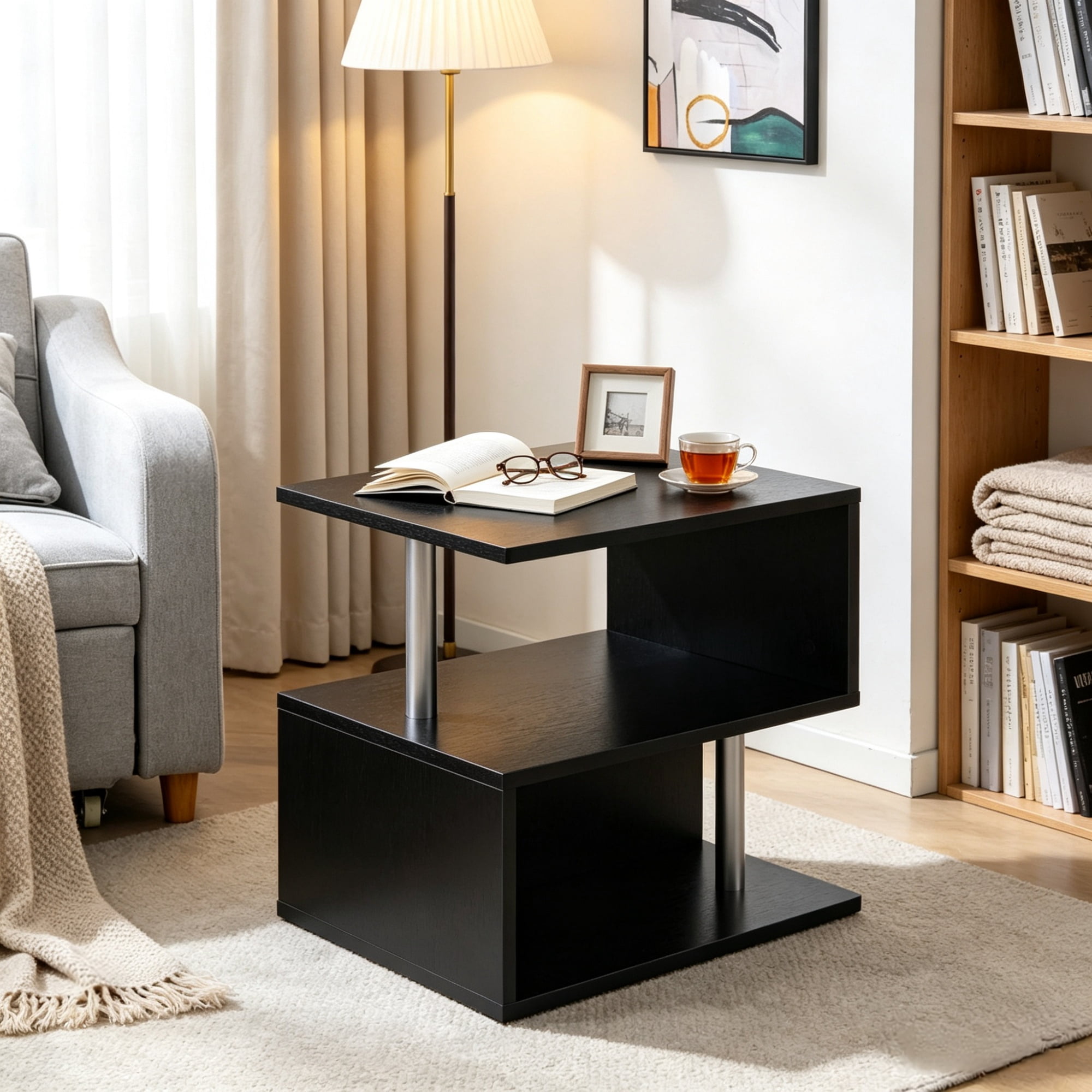 20" S-Shaped End Table with Storage Shelf & Steel Poles, Sleek Black Accent Side Table for Living Room
