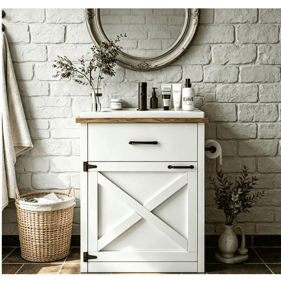 DreamCurship Farmhouse Bathroom Vanity with Sink, Freestanding Sliding Barn Door Drawer, Ceramic Sink, 24 Inch, White