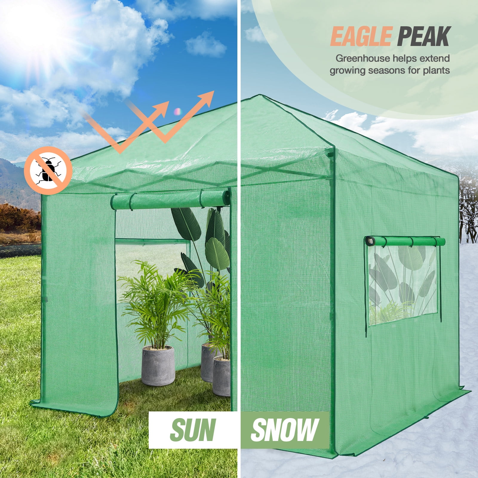 EAGLE PEAK 10x10 Portable Walk-in Greenhouse Instant Pop-up Easy Setup Indoor Outdoor Plant Gardening Green House Canopy,Green
