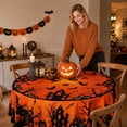 thumbnail image 4 of Halloween Round Tablecloth, 47.6 Inch Spooky Haunted House Pumpkin Bat Printed Elastic Edge Table Cover for Halloween Party Home Dining Table Decor, 4 of 7