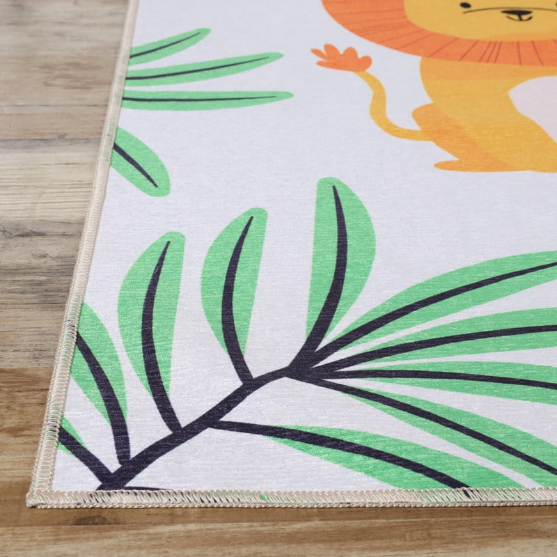 Superior Jungle Animals Non-Slip Washable Indoor Play Rug, 2' x 3', Ivory