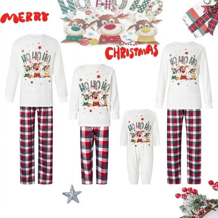 

Family Matching Christmas Pajamas Baby Romper/Letter Deer Snowflake Pattern Long Sleeve Tops and Plaid Pants Sleepwear Set