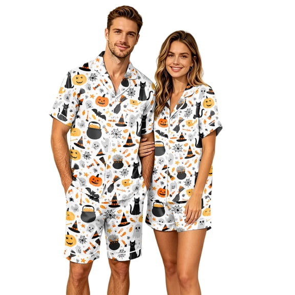 JULMCOMO Halloween Pajamas for Couples Ghost Cat Pumpkin Print Button Down Collared Holiday Two Piece Sets Elastic Waist Soft Pajama Shorts Sky Blue-Women M