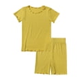 thumbnail image 4 of larppty Girls Shorts Set 2‑Piece Ribbed Knit Summer Outfit Short Sleeve Top & Elastic Waist Shorts Casual Playwear（Yellow， 2-3 Years）, 4 of 5