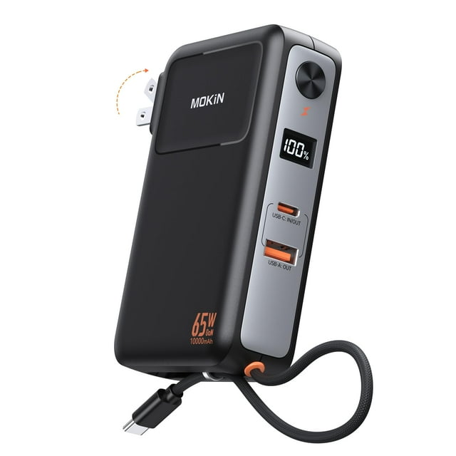 3-in-1 Power Bank with 65W Wall Charger,10000mAh 35W Portable Charger with Built in USB C Cable, 2 Outputs, Foldable AC Plug, Smart Digital Display, Fast Charging Batter