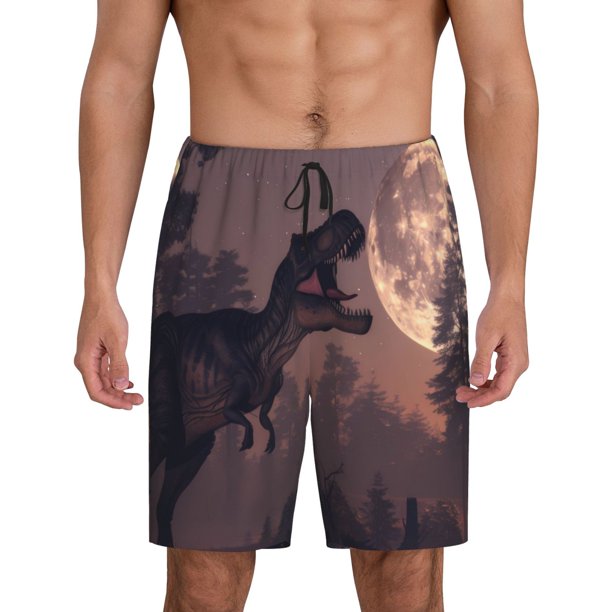 Balery Dinosaur Moonlit Forest Pantalones cortos de pijama de punto de algodón para hombre con cinturilla y bolsillos-Small