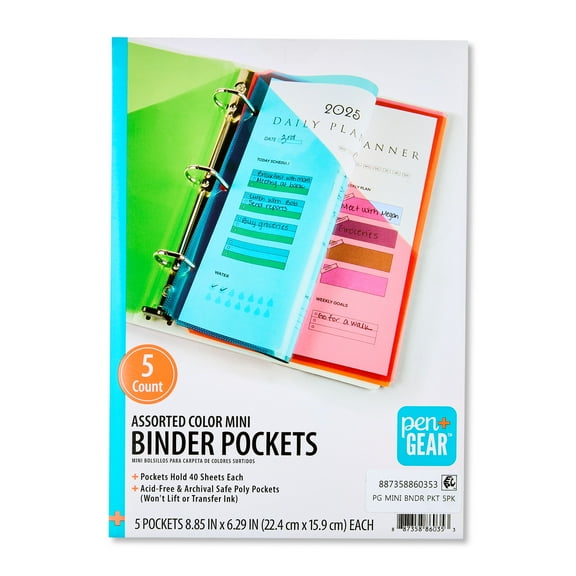 Pen+Gear Mini Binder Pocket, 5 pack, Multicolor