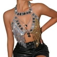 thumbnail image 6 of Halter Metallic Chain Tank Top for Women Sequins Deep V Neck Backless Cropped Top Nightclub Sparkly Rave Outfits Elegant Fashion Crop Tops Trendy Dressy Outfit for Party Evening Cocktail, 6 of 8