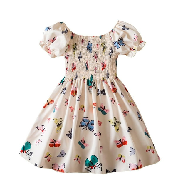 Odeerbi Niñas Verano Floral Princesa Vestido Plisado Puff Manga Vestidos Ruffled Manga Corta Princesa Vestido