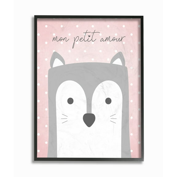 The Kids Room By Stupell Mon Petit Amour Grey Fox with Pink Polka dots Framed Texturized Art