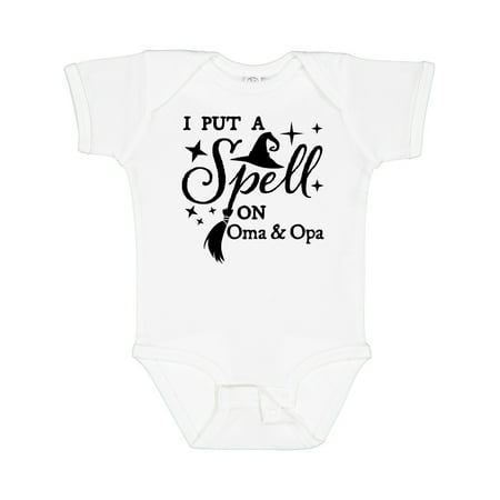

Inktastic I Put a Spell on Oma and Opa Witch Hat and Broom Gift Baby Boy or Baby Girl Bodysuit