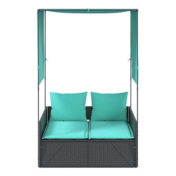 Double Patio Sun Lounger - PE Rattan Outdoor Daybed with Canopy - Black Garden Recliner for 2 People - Adjustable Lounger with Cushions