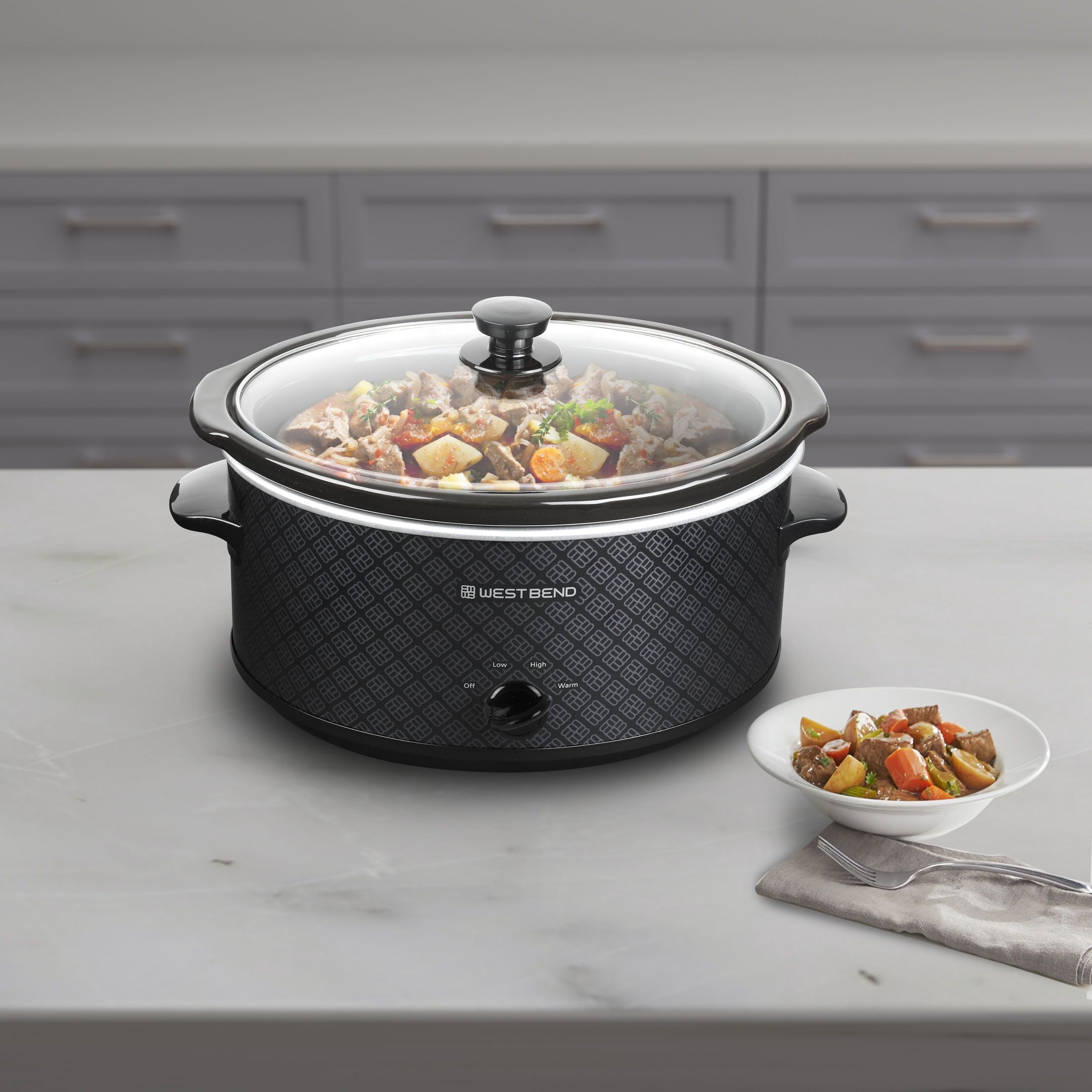 West Bend 6-Quart Pattern Slow Cooker, Manual Controls, Ceramic Crock, Dishwasher-Safe, in Black (SCWB6QPTBK13)