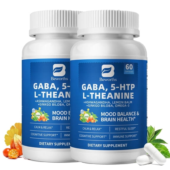 (2 Pack) GABA 5 HTP L-Theanine   Ashwagandha   Lemon Balm & Ginkgo Biloba, Support Calm, Sleep, Mood Balance, 60 Pills